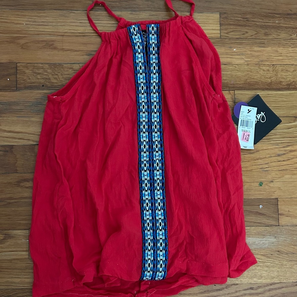 Red Sleeveless Top with Blue Pattern